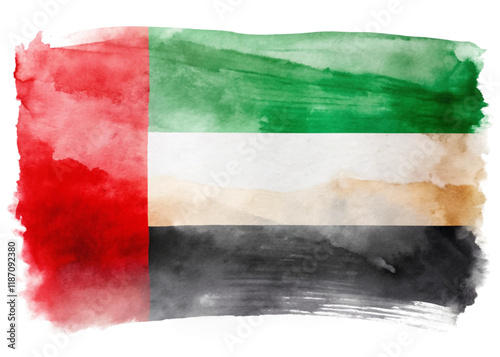 Watercolor UAE flag, vibrant colors, artistic representation, national symbol, cultural identity, abstract design.