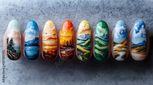 A set of artistic nails featuring landscape designs