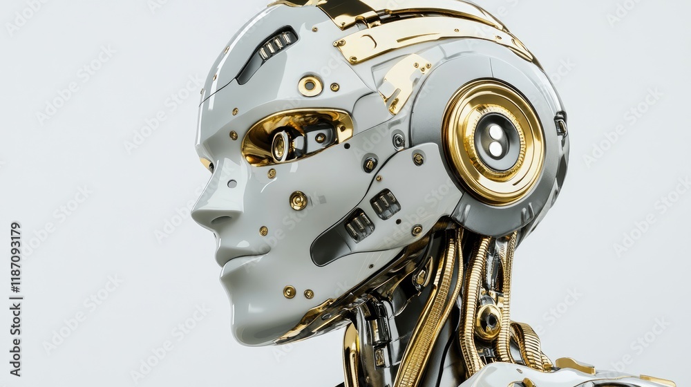 Fototapeta premium Advanced Robotic Head Gold Accents White Shell