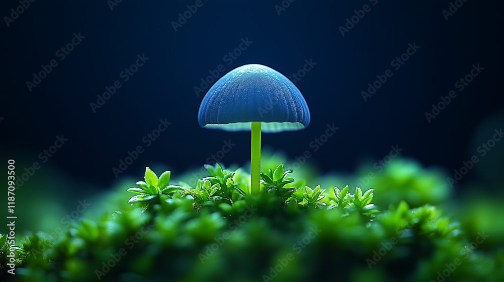 Enchanting close-up of a blue mushroom glowing in a lush green mossy forest perfect for nature-themed designs and magical storytelling Enchanting close-up of a blue mushroom glowing in a lush green mossy forest perfect for nature-themed designs and magical storytelling