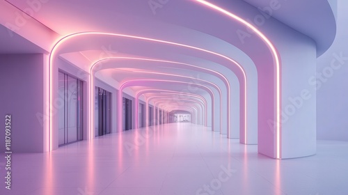 A modern hallway with soft pink neon lights illuminating curved architectural designs, creating a futuristic and sleek atmosphere.