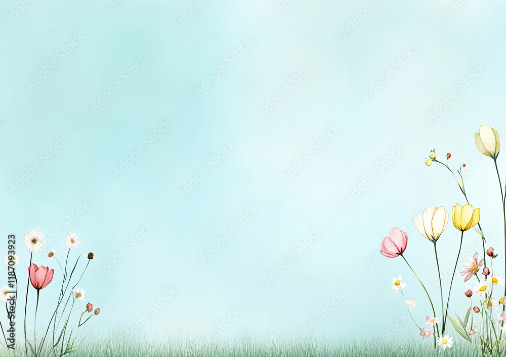Frühlingshafte Aquarell-Illustration – Zarte Blumen mit Textfreiraum im Querformat