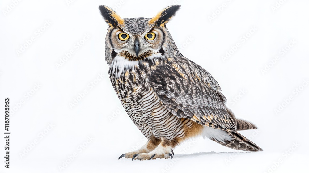 Obraz premium A majestic great horned owl with piercing yellow eyes, perched in a still and poised manner on a pure white background