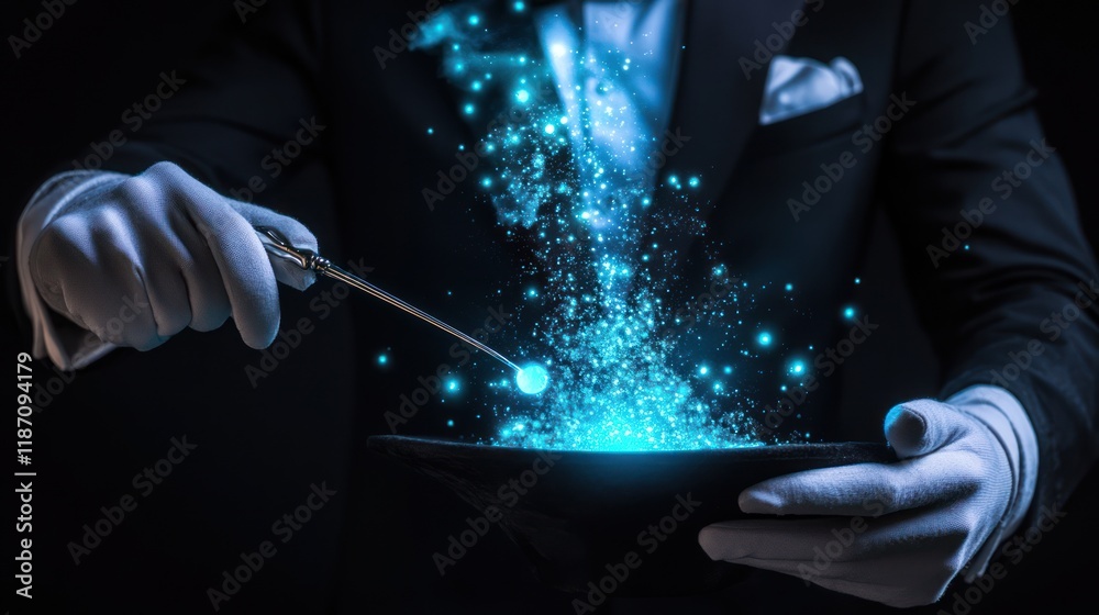 Magician's hands in white gloves holding a wand, conjuring blue magic from a top hat. Magician's hands in white gloves holding a wand, conjuring blue magic from a top hat.