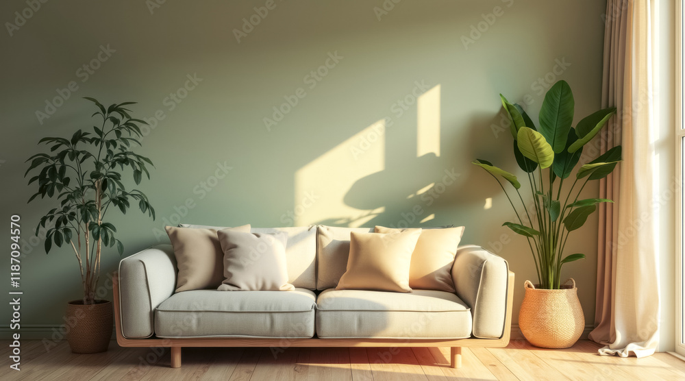 Naklejka premium beige couch with pillows a sunlit room