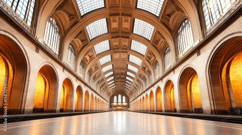 Fototapeta premium A spacious, elegantly designed hall featuring arched windows, warm lighting, and a grand ceiling, creating an inviting atmosphere.