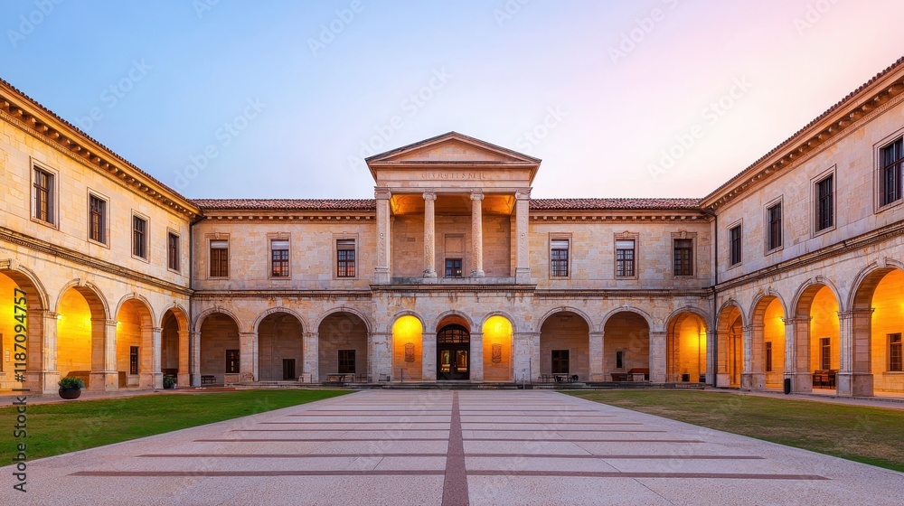 Obraz premium A stunning courtyard view of a historic building showcasing classical architecture, illuminated by warm evening light.