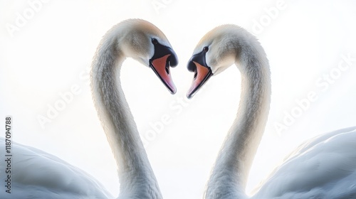 A pair of swans swimming gracefully, their elegant necks forming a heart shape against a pure white background