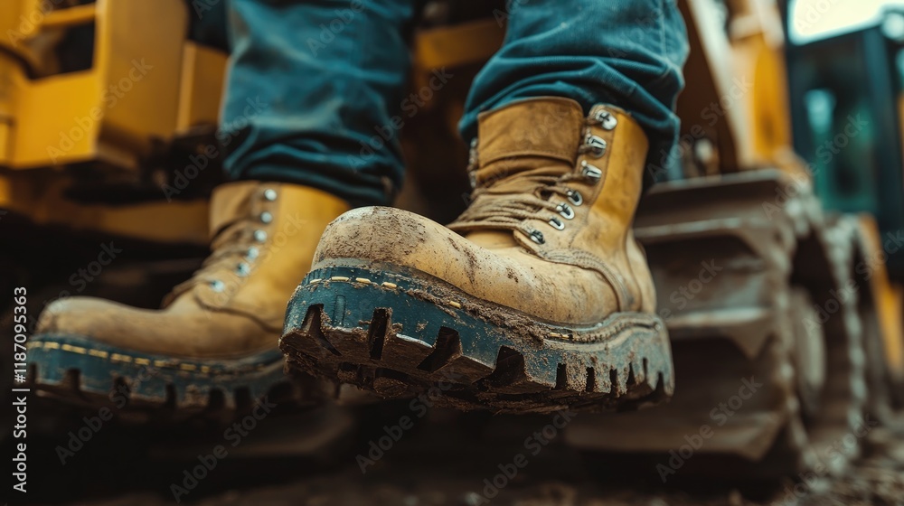 Muddied Work Boots Resting On Heavy Machinery Muddied Work Boots Resting On Heavy Machinery