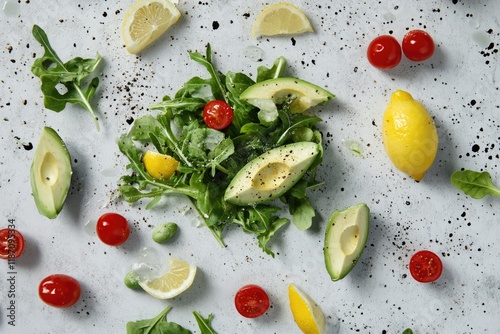 Arugula salad with avocado, cherry tomatoes, and lemon wedges, seasoned with pepper.