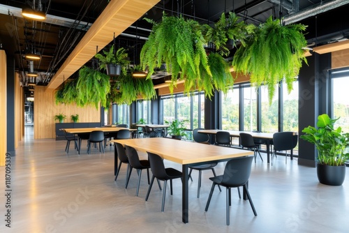 Open office area showcasing hanging plants, natural light, and wooden furniture, designed for creativity and collaboration