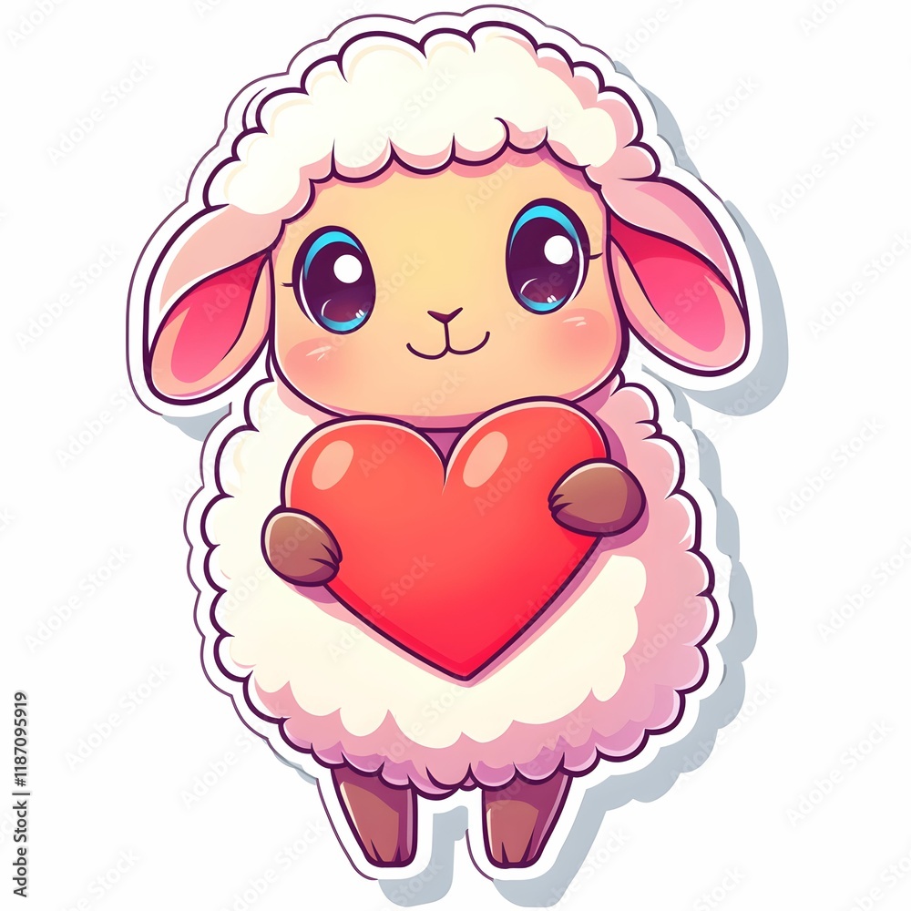 Cute cartoon sheep holding a heart in a cheerful and colorful illustration