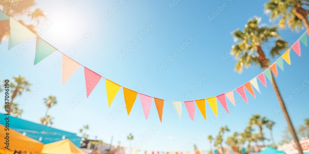 Fototapeta premium Vibrant Spring Fair with Festive Bunting and Palm Trees