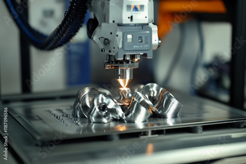 Advanced 3D printer creating a complex metal design in a modern workshop environment during daylight