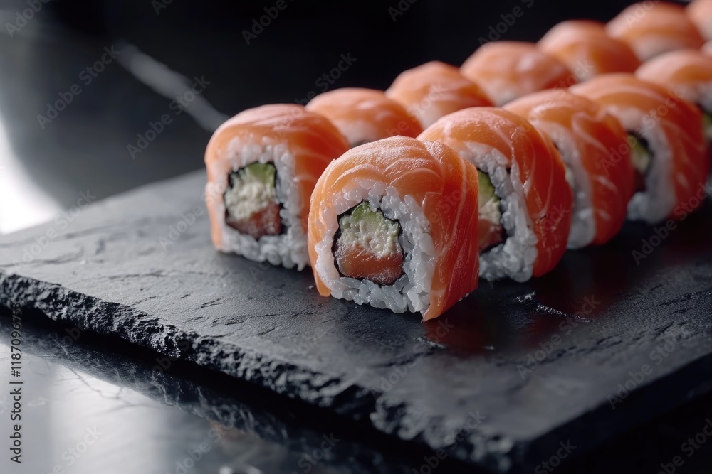 Close-up of delicious salmon sushi rolls arranged on a dark slate plate. Close-up of delicious salmon sushi rolls arranged on a dark slate plate.