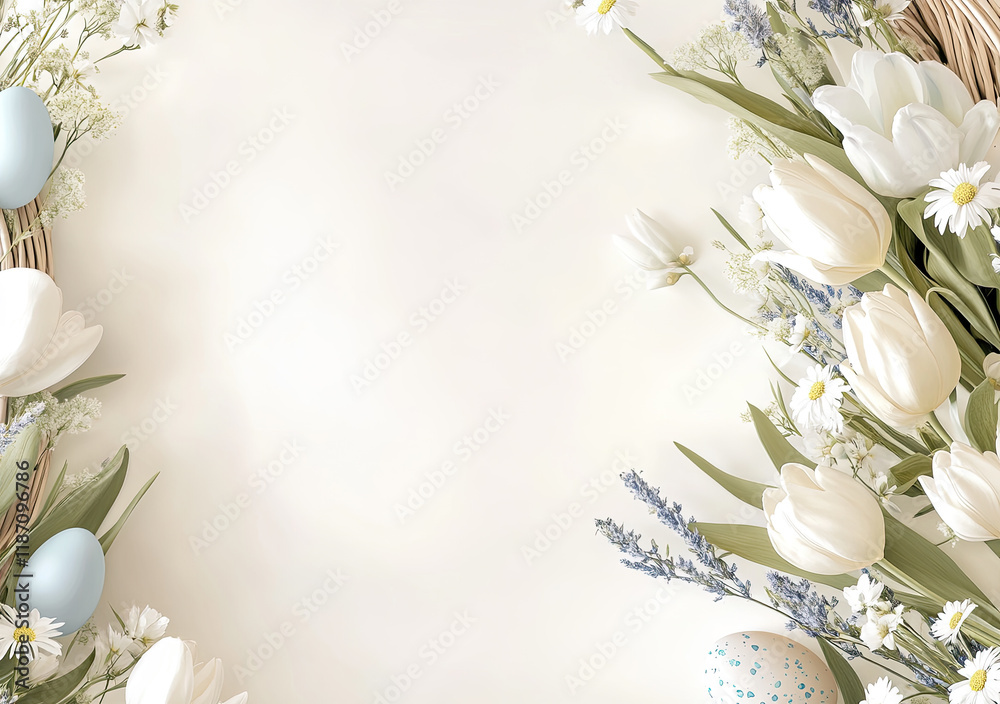 Oster-Illustration mit Textfreiraum – Zarte Frühlingsdesigns mit Eiern, Blumen uns Pastellfarben