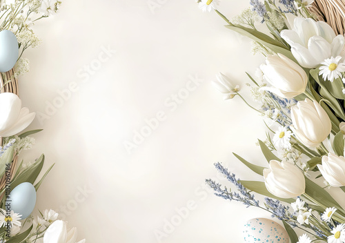 Obraz na płótnie Oster-Illustration mit Textfreiraum – Zarte Frühlingsdesigns mit Eiern, Blumen uns Pastellfarben w salonie