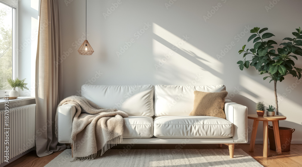 Fototapeta premium sunlit living room with white sofa beige accents