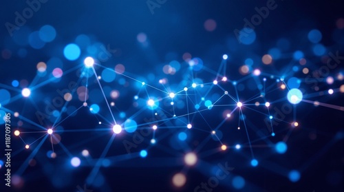 Futuristic Digital Network with Glowing Nodes and Lines on Blue Background