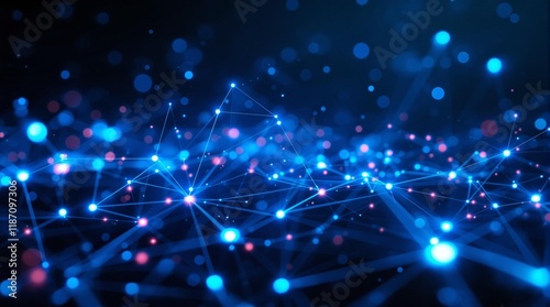 Futuristic Digital Network with Glowing Nodes and Lines on Blue Background