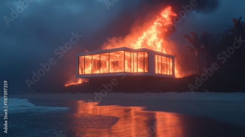 Burning Modern Beach House at Night