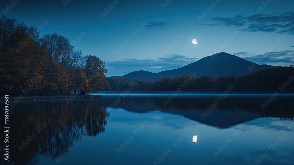 Fototapeta premium Serene Nighttime Lake Scene With Full Moon And Mountain Reflections