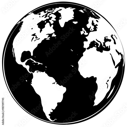 Black and White Globe Vector Illustration with Americas View