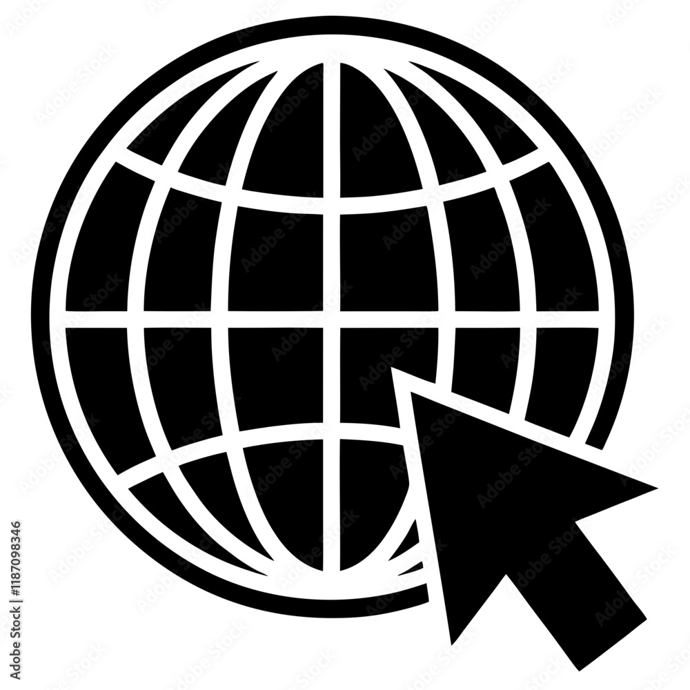 Globe with Cursor Arrow Vector Illustration in Black and White Globe with Cursor Arrow Vector Illustration in Black and White