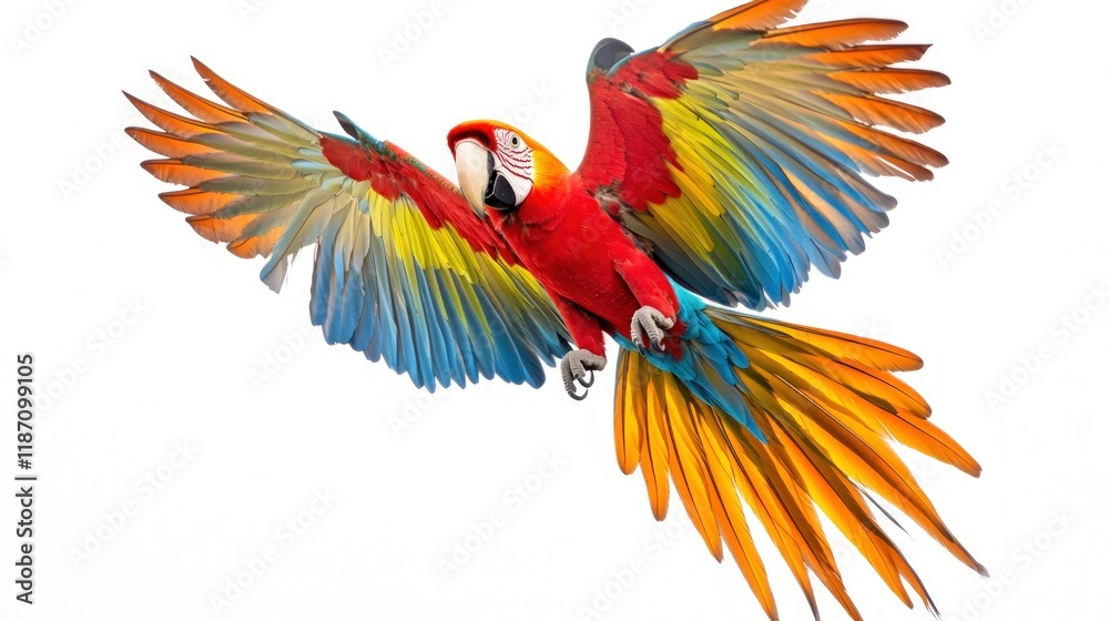 Obraz premium A vibrant macaw in flight, showcasing its colorful wings in fine detail against a pure white background