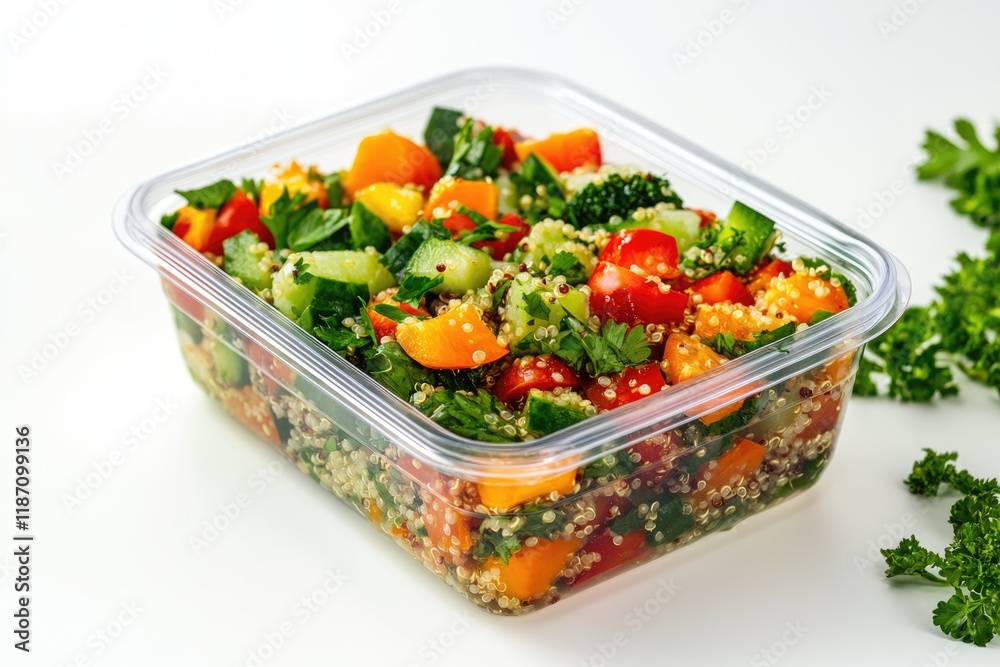 A healthy quinoa salad with colorful bell peppers, cucumber, and parsley in a clear plastic container. A healthy quinoa salad with colorful bell peppers, cucumber, and parsley in a clear plastic container.