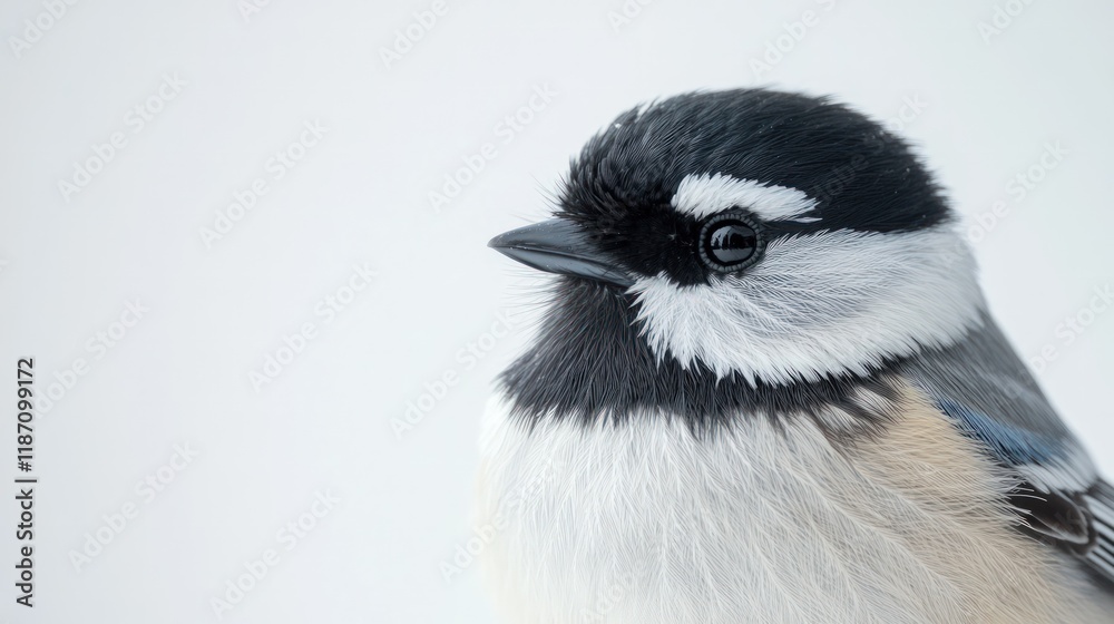 Obraz premium A black-capped chickadee with soft feathers, its delicate black and white head contrasting against a pure white background