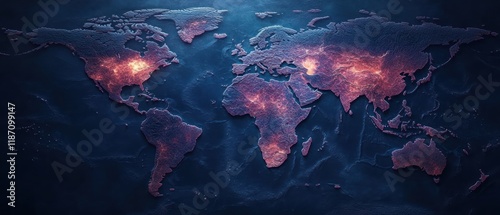 A stylized world map illuminated with vibrant colors, highlighting urban areas.
