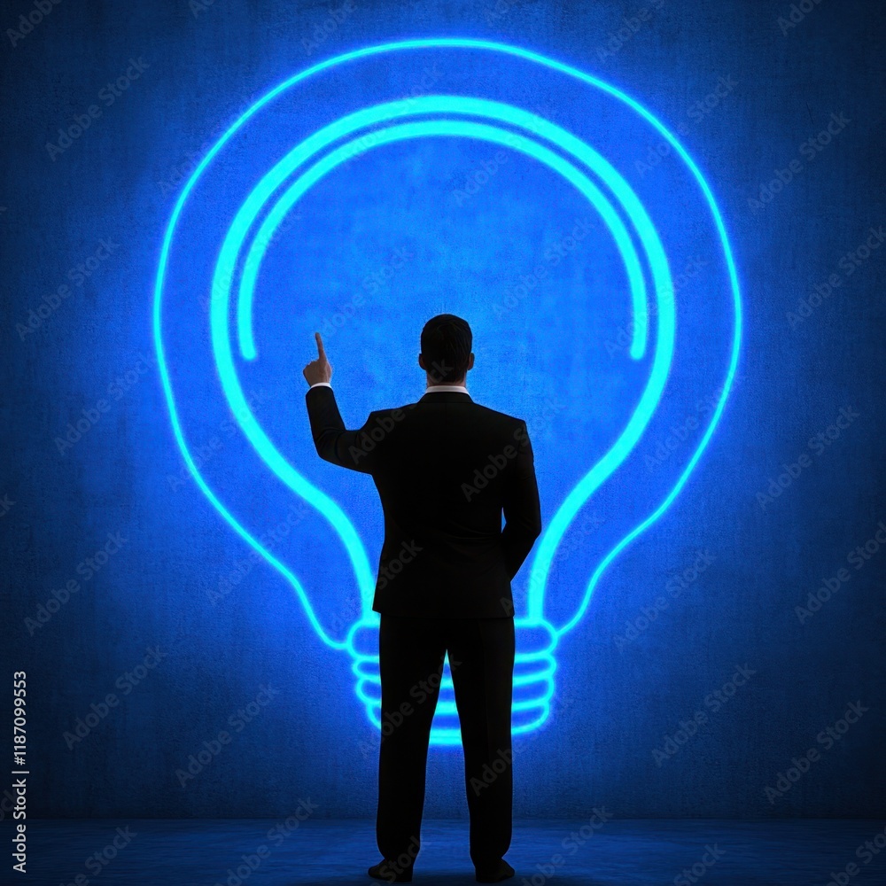 Businessman in Suit Pointing at a Bright Neon Light Bulb Against a Dark Wall Representing Creative Ideas and Innovative Thinking in Modern Corporate Environment Businessman in Suit Pointing at a Bright Neon Light Bulb Against a Dark Wall Representing Creative Ideas and Innovative Thinking in Modern Corporate Environment