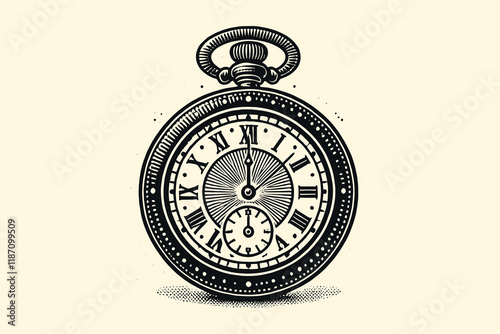 Vintage pocket watch illustration in simple black flat engraving style