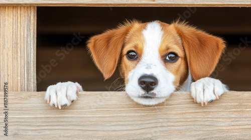 Adorable puppy with expressive eyes leaning over wooden fence, showcasing a playful and innocent demeanor in a rustic outdoor setting photo