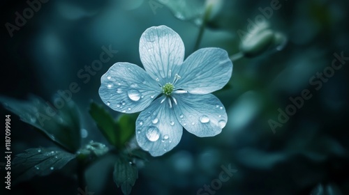 A close-up of a delicate flower petal with water droplets glistening on its surface, surrounded by soft, blurred greenery.