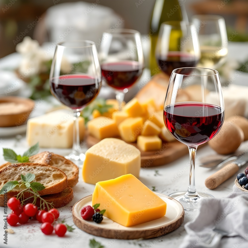 A table with several glasses of wine in different shades, paired with cheeses and breads A table with several glasses of wine in different shades, paired with cheeses and breads