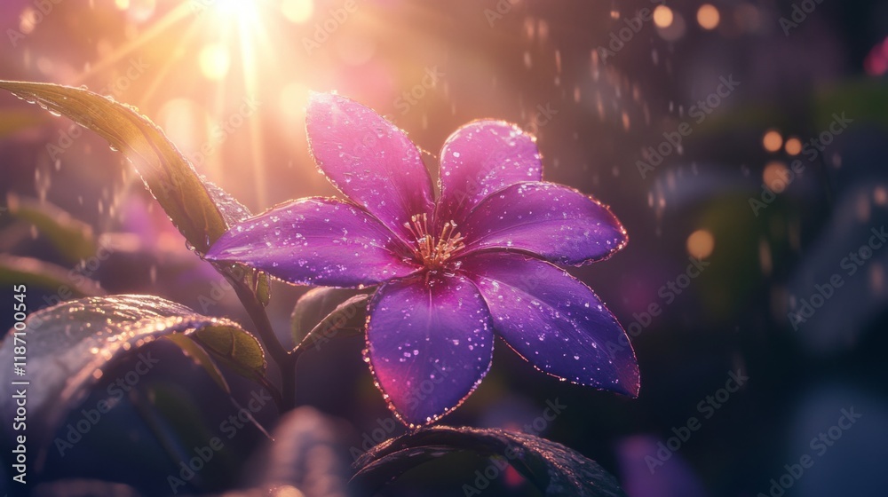A close-up of a purple flower with water droplets on its petals, illuminated by soft sunlight breaking through the leaves. A close-up of a purple flower with water droplets on its petals, illuminated by soft sunlight breaking through the leaves.