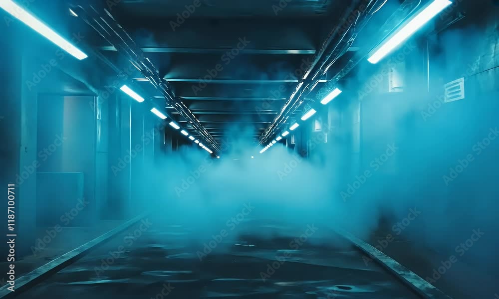 Smoky urban underpass, blue light, pipes, mystery, film noir
