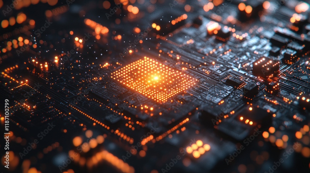Glowing CPU on dark circuit board. Glowing CPU on dark circuit board.