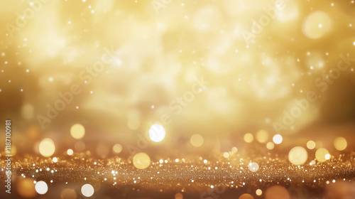 Soft golden bokeh and glitter background with glowing light, perfect for festive events, luxury designs, and celebratory templates photo