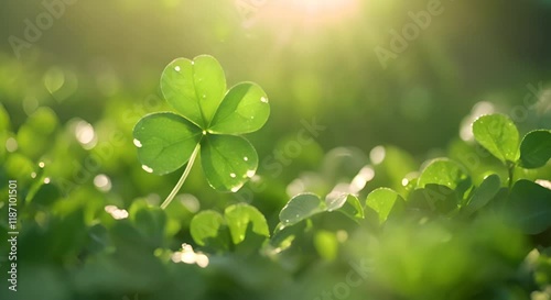 Close up of a dewy four leaf clover in a lush green field illuminated by soft morning light 4K