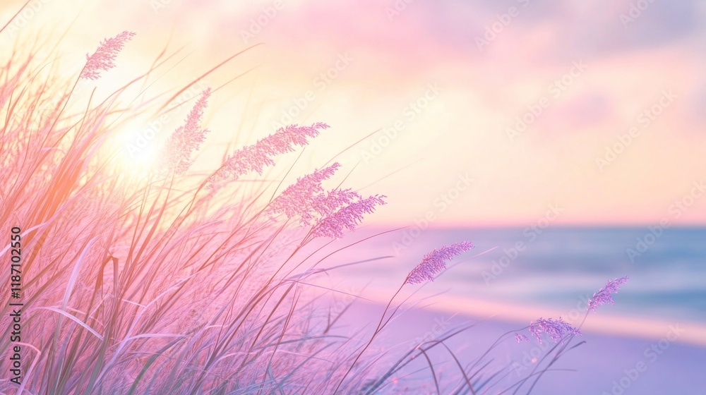 Soft pastel sunset over ocean beach with beach grass. Soft pastel sunset over ocean beach with beach grass.