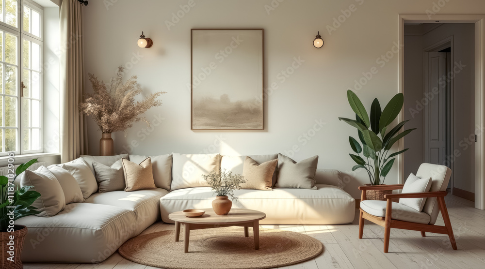 Fototapeta premium sunlit living room with beige sectional sofa wooden armchair