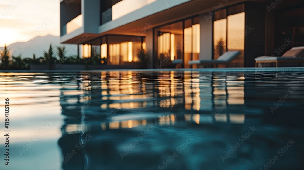 Obraz premium Sunset Reflection In Modern Pool And Building