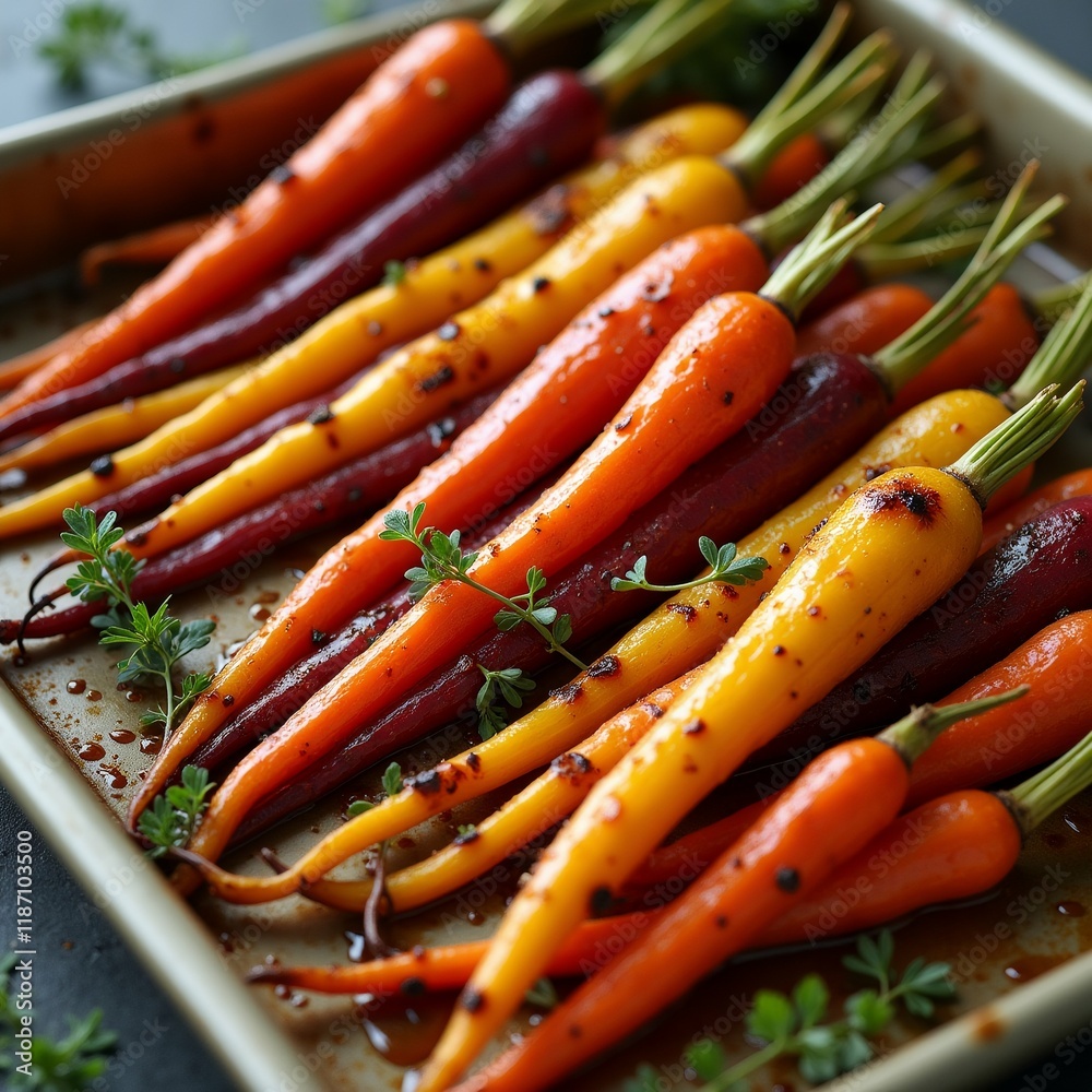 The image shows a rectangular baking dish filled with roasted carrots. The carrots are arranged in a single layer in the dish, with some overlapping each other. The image shows a rectangular baking dish filled with roasted carrots. The carrots are arranged in a single layer in the dish, with some overlapping each other.