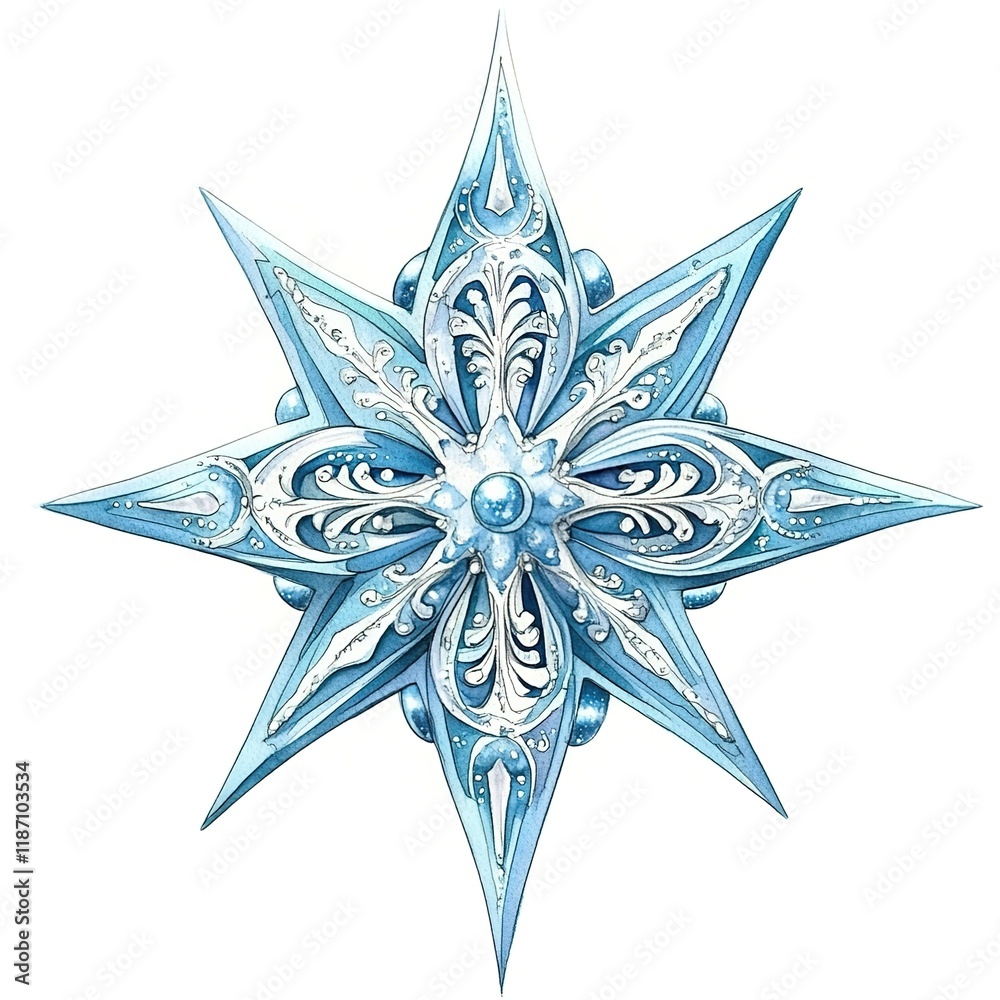 Obraz premium A watercolor illustration of an icy blue star with white accents, decorated with silver and pearl embellishments.