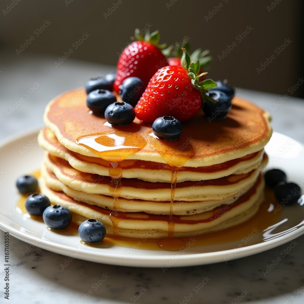 The image shows a stack of pancakes on a white plate. The pancakes are golden brown and appear to be freshly made. The image shows a stack of pancakes on a white plate. The pancakes are golden brown and appear to be freshly made.