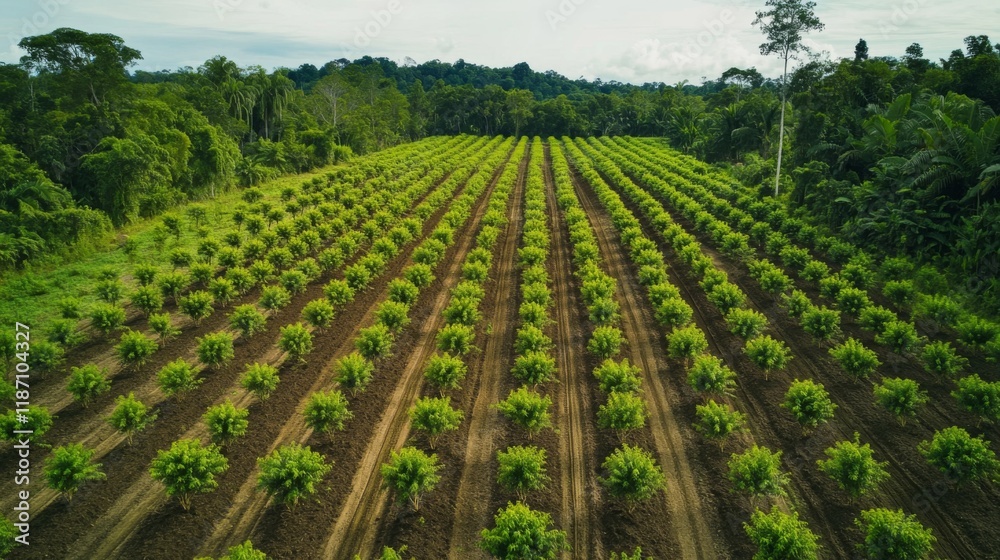 A drone shot of a tree plantation, focusing on rows of young trees in an organized, lush green area. A drone shot of a tree plantation, focusing on rows of young trees in an organized, lush green area.