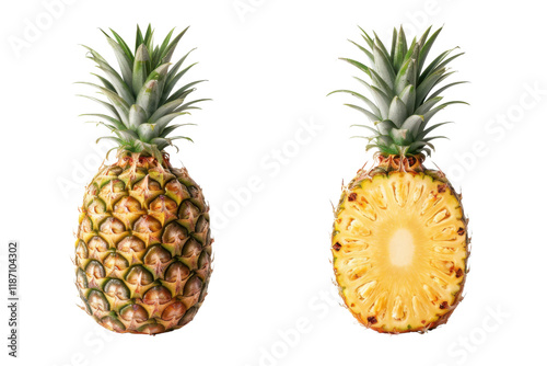 Fresh whole and half cut pineapple tropical fruits isolated on transparent background